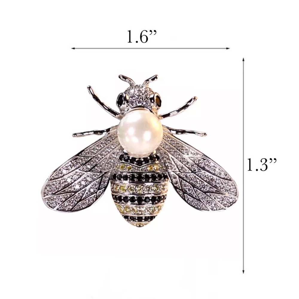 Silver Crystal Bumblebee Pearl Brooch Lapel Pin - Picture 16 of 16